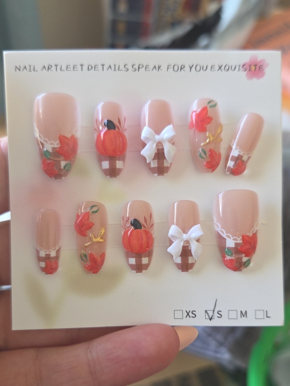 Pressed Flower & Pumpkin Nude Press-On Nails with 3D Bows